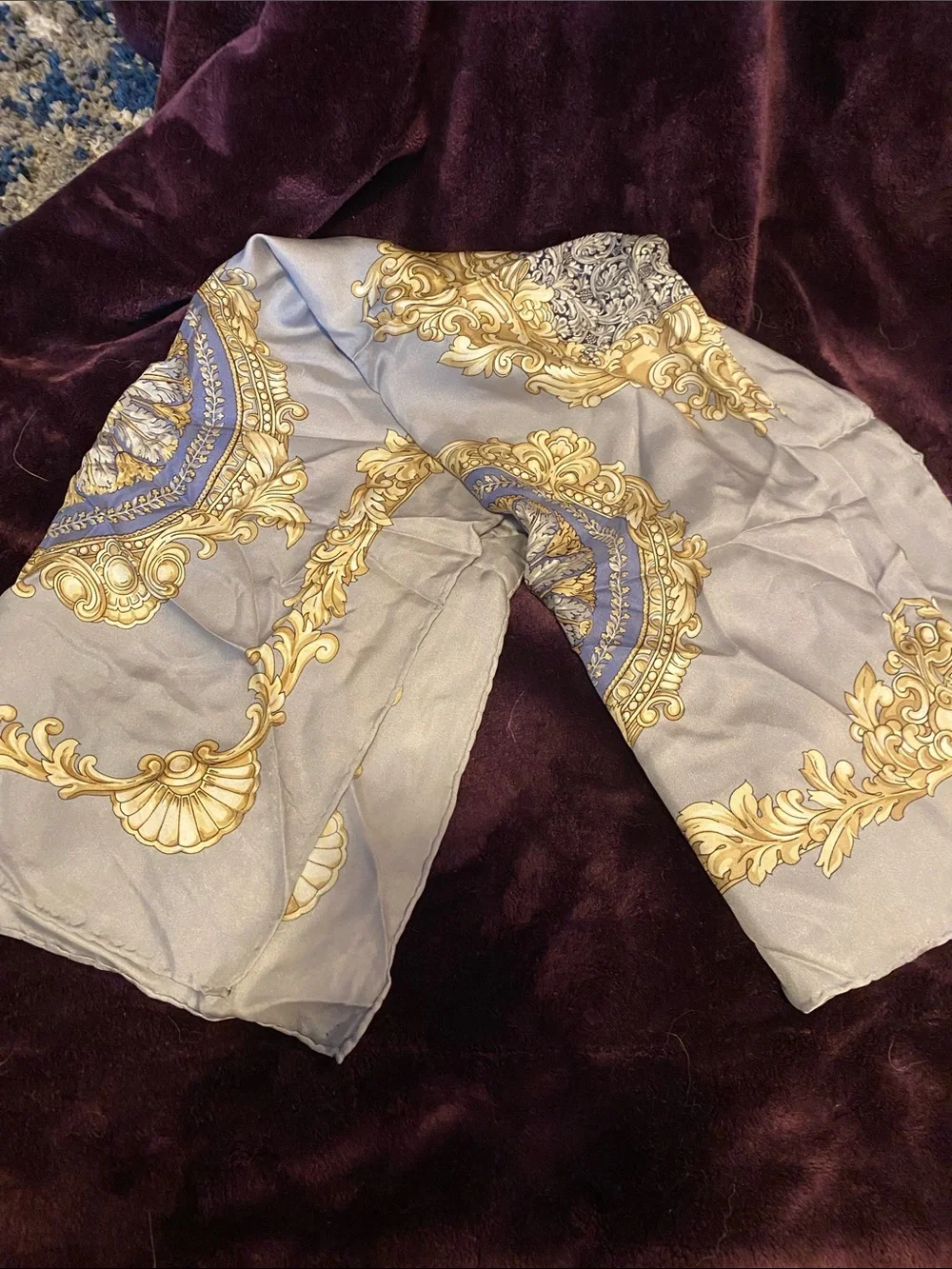 RODIER Gray Scarf with Gold and Blue Medallions